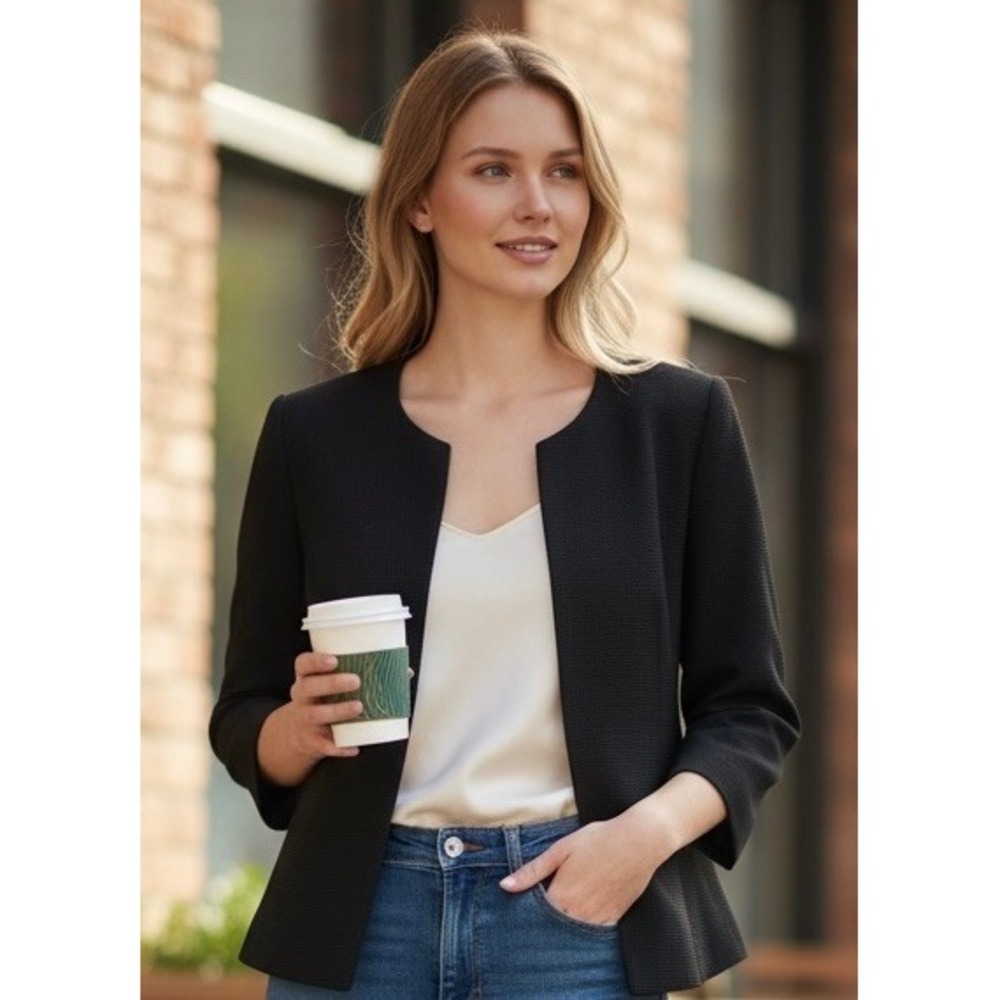 Pendleton Women 10 Black Virgin Wool Collarless Blazer Jacket Textured